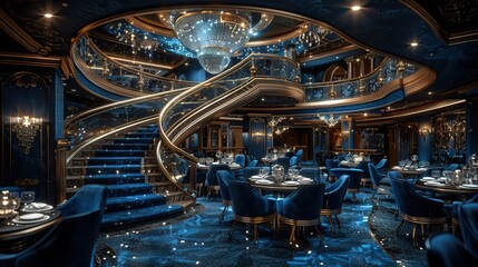 Obraz premium Luxurious cruise ship restaurant interior design with crystal chandeliers, blue velvet chairs and spiral staircase. High resolution photo realistic style. , cinematic, hyperrealistic,