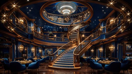 Obraz premium Luxurious cruise ship restaurant interior design with crystal chandeliers, blue velvet chairs and spiral staircase. High resolution photo realistic style. , cinematic, hyperrealistic,
