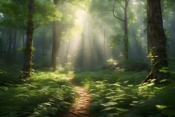 Sunlight filtering through lush green foliage in a dense forest, creating a magical dappled effect on the forest floor. 