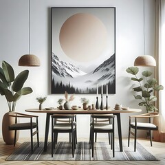 A dining room with a table and chairs image art realistic attractive harmony.