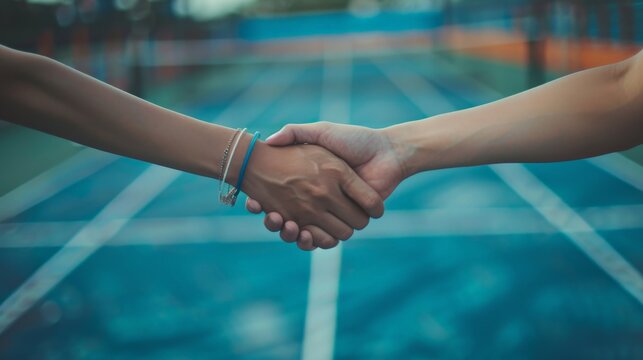 Two badminton players shaking hands after a match, with a badminton racket in the background.