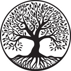 line art nature logo vector design oak tree inside circle, abstract tree logo symbol inside circle
