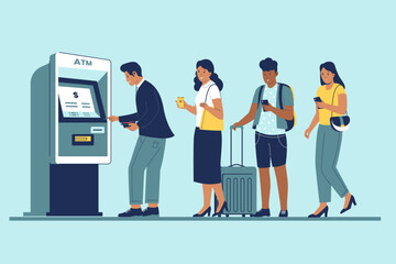 People queue for transactions at atm. Flat illustration set