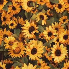 Vibrant Sunflower Pattern, Bright Yellow, Floral Illustration Background