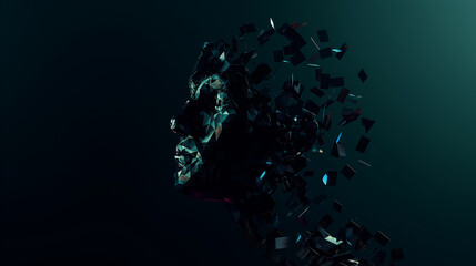 Human head silhouette made out with polygonal shapes on a dark background.
