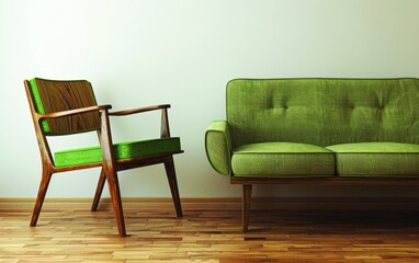 A green couch sits in front of a wooden chair. The room is empty and the furniture is the only decoration