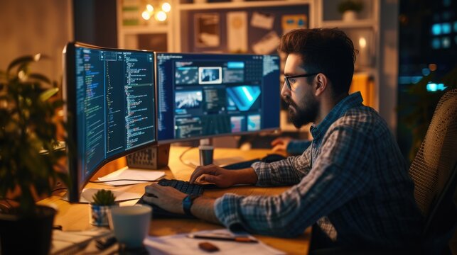 A software developer works on code late into the night, illuminated by the glow of multiple computer screens in a modern office. AIG41