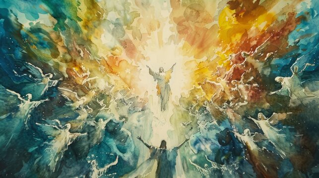 Reflective watercolor illustration of the Ascension with Jesus ascending into heaven surrounded by angels