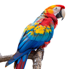Fototapeta premium A beautiful parrot with red, blue, and yellow feathers is perched on a branch.