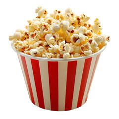 A red and white striped bucket full of delicious popcorn.