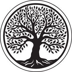 line art nature logo vector design oak tree inside circle, abstract tree logo symbol inside circle
