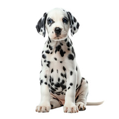 Cute dalmatian puppy dog sitting isolated on black background