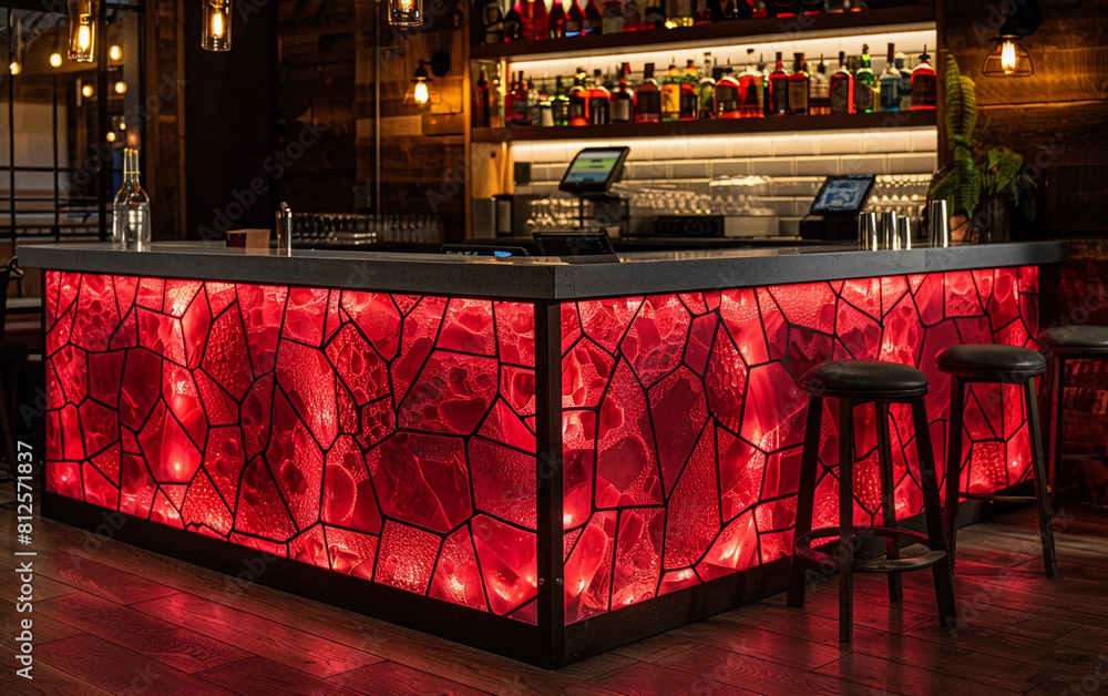 Poster a bar with a red counter and stools. there are several bottles on the counter, including a bottle of