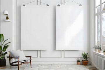Mock-Up Realistic White Poster Hanging mockup. Generative Ai.