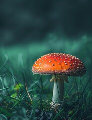 A red mushroom with white spots growing in the forest grass.