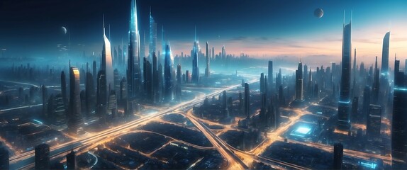 Futuristic night cityscape with high-rise buildings and roads