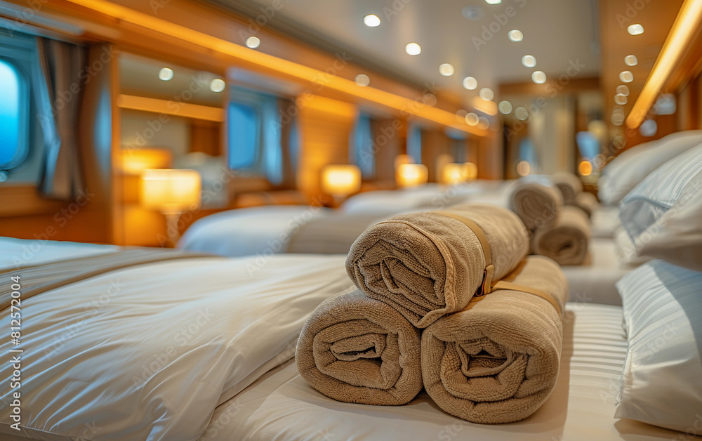 Poster a row of beds with three towels stacked on top of each other