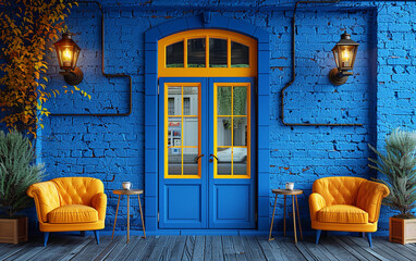 The blue and yellow door is the entrance to a building. The chairs are orange and are placed outside the door - Powered by Adobe