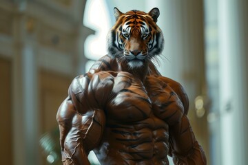 Surreal digital illustration of a muscular tiger-man bodybuilder posing in a modern gymnasium, showcasing the powerful and artistic concept of a hybrid animalistic physique