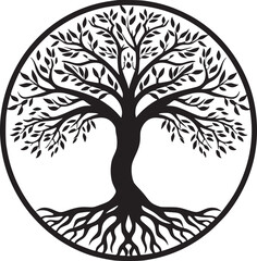 line art nature logo vector design oak tree inside circle, abstract tree logo symbol inside circle
