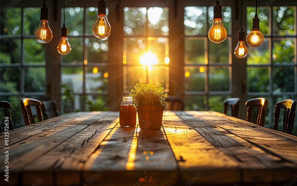 Poster a table with a potted plant and a jar of something on it. the table is surrounded by chairs and has 