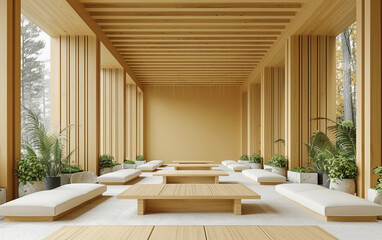 A large room with wooden walls and a tan color. There are many potted plants and white furniture. The room has a calm and peaceful atmosphere