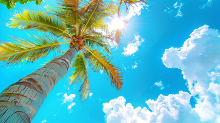 Palm tree reaching for bright sky, vibrant colors.
