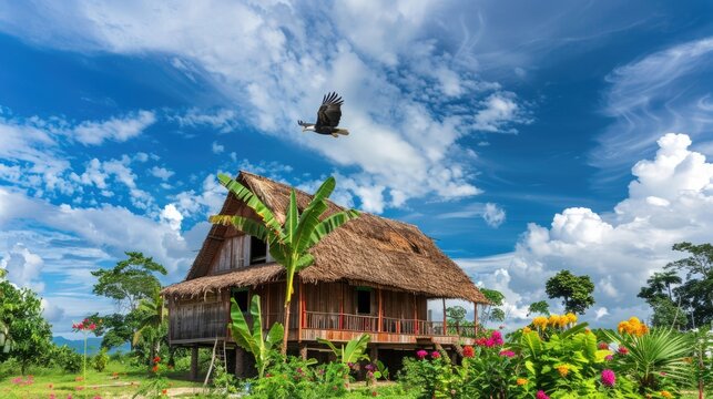 Embera Tribe's Authentic Traditional House in Colombia, Surrounded by Lush Green Garden and Eagle