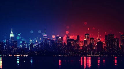 Silhouetted skyline of a city illuminated with red, white, and blue lights