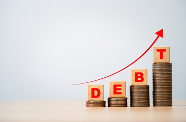Debt wording on increasing coins stacking and up arrow for business consumer burden financial debt...