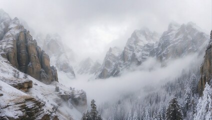 photos of foggy views of forests and mountains during winter made by AI generative
