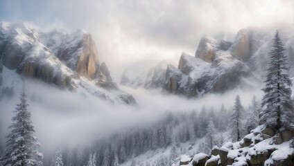 photos of foggy views of forests and mountains during winter made by AI generative