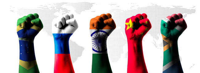 Brazil Russia India China and South Africa flag on fist and world map for BRICS economic...