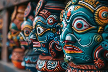 Colorful artisan masks line up, awaiting the Rath Yatra celebrations.