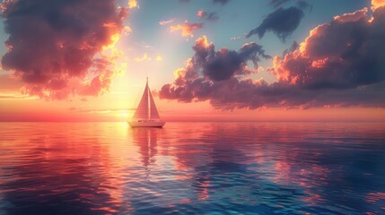 Capture the serene beauty of a lone sailboat drifting across a vast, tranquil ocean at sunset in a photorealistic digital painting