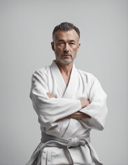 portrait of karate master arms crossed in white kimono outfit, isolated white background, copy space
