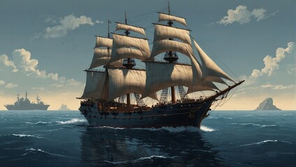 photo of traditional wooden ship with white sails made by AI generative