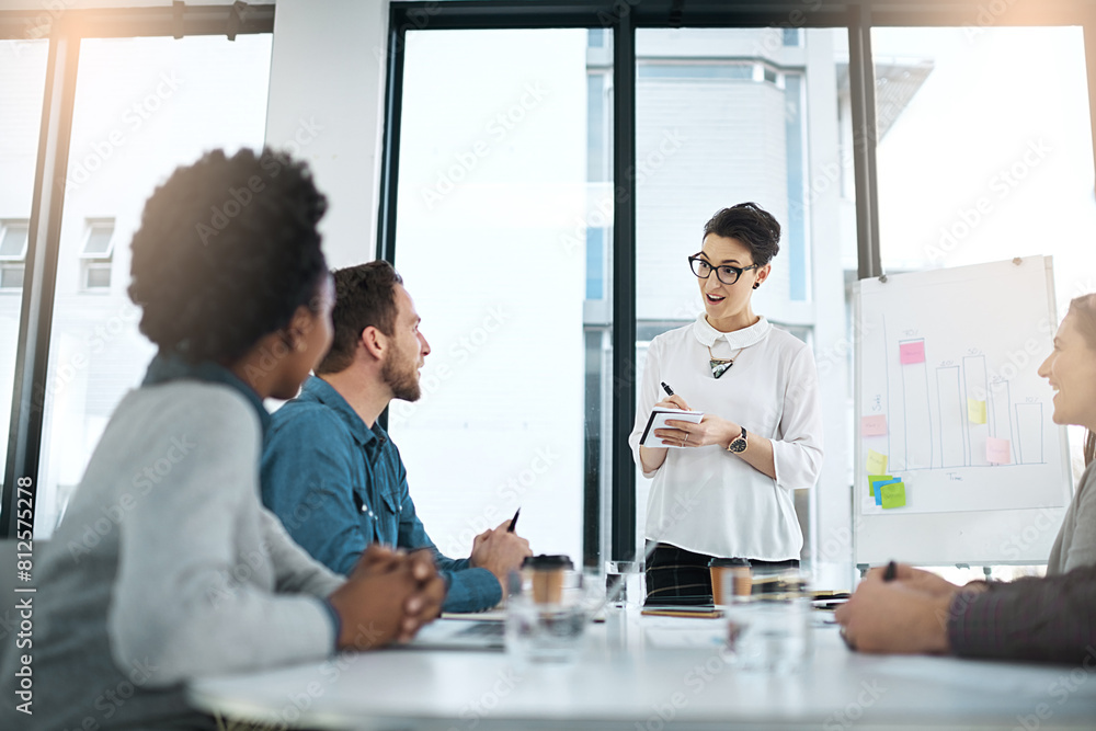 Poster team, woman and writing in meeting, office or boardroom for project as management for company or bus