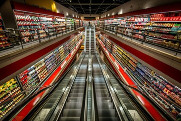 An escalator gracefully transports shoppers between grocery store floors, providing ease and convenience during their shopping experience.