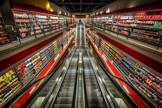 An escalator gracefully transports shoppers between grocery store floors, providing ease and convenience during their shopping experience.