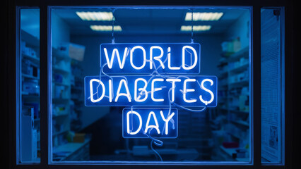 A blue neon sign that reads "WORLD DIABETES DAY" hanging in a pharmacy window, illuminated at night, highlighting diabetes awareness.