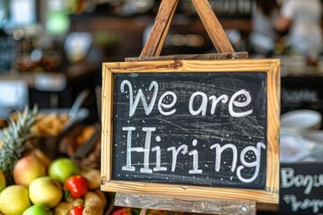 A sign saying We are hiring stands in front of a vibrant display of fresh fruits and vegetables at the market.