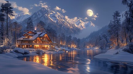 Fototapeta premium luxury mountain chalet, night scene with full moon and snowcovered river in front of the house, realistic photo style 