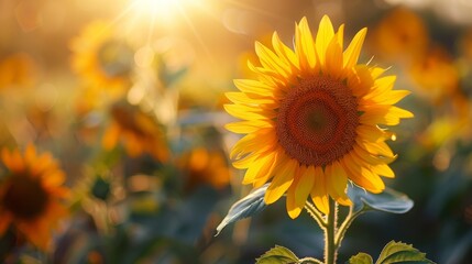 Focus on a blooming sunflower at golden hour