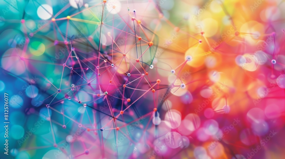 Poster a colorful, abstract image of a web of lines and dots. the image is vibrant and full of energy, with
