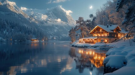 Fototapeta premium luxury mountain chalet, night scene with full moon and snowcovered river in front of the house, realistic photo style