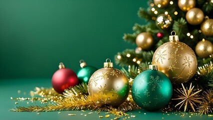 Many holiday decorations arranged on a green surface