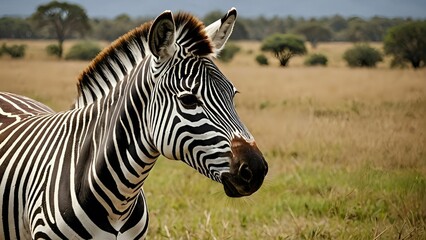 Fototapeta na wymiar Zebra standing in a field of grass with trees in the background