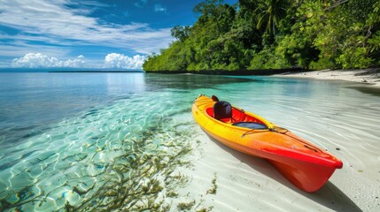 A red canoe rests on the serene shore of a tranquil lake, surrounded by the vast expanse of water, under the blue sky dotted with fluffy white clouds, showcasing the beauty of the natural landscape - Powered by Adobe