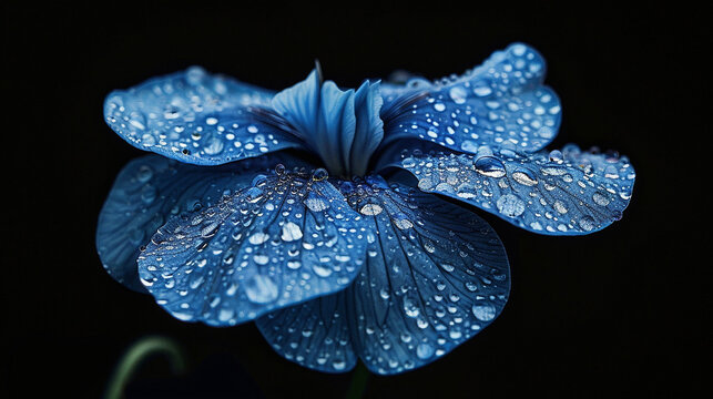 Stunning close-up of a delicate blue flower with water droplets on its petals against a dark background, conveying a sense of fragility and beauty in nature.
